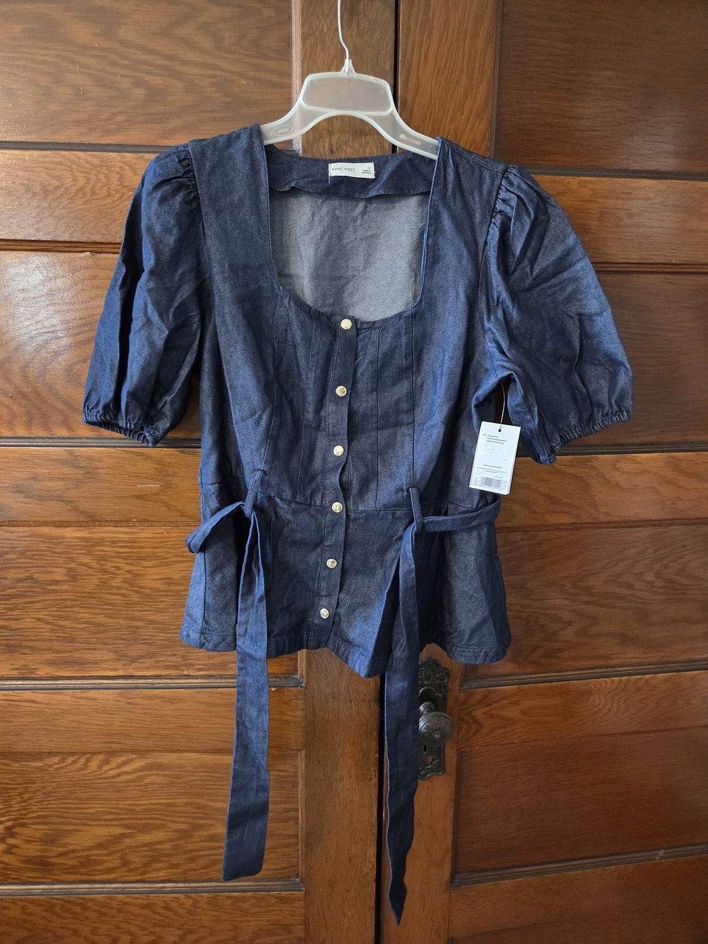 Nine West Navy Blue Puff Sleeve Button Front Peplum Top